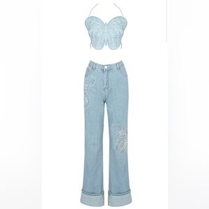 Blue denim butterfly top and butterfly jeans set Size Medium